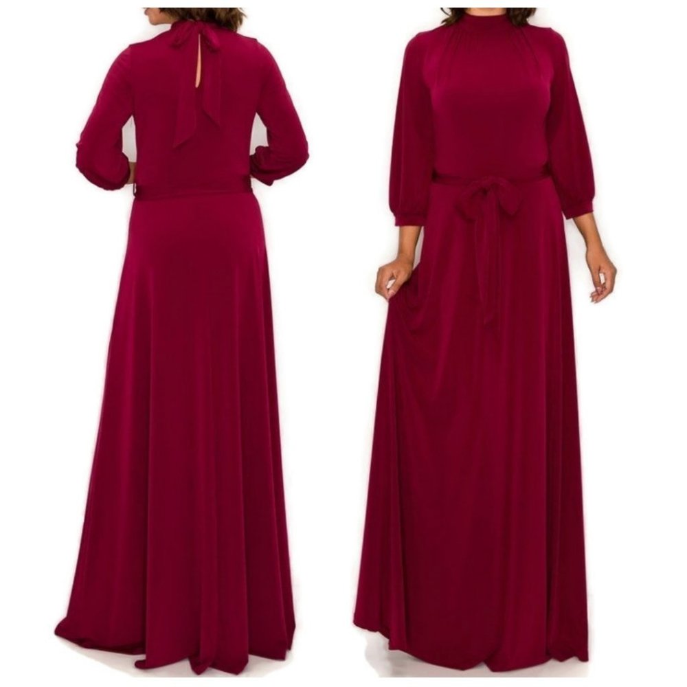 Janette Fashion Burgundy Mock Neck Tie Cuffed Sleeve Modest Maxi Dress